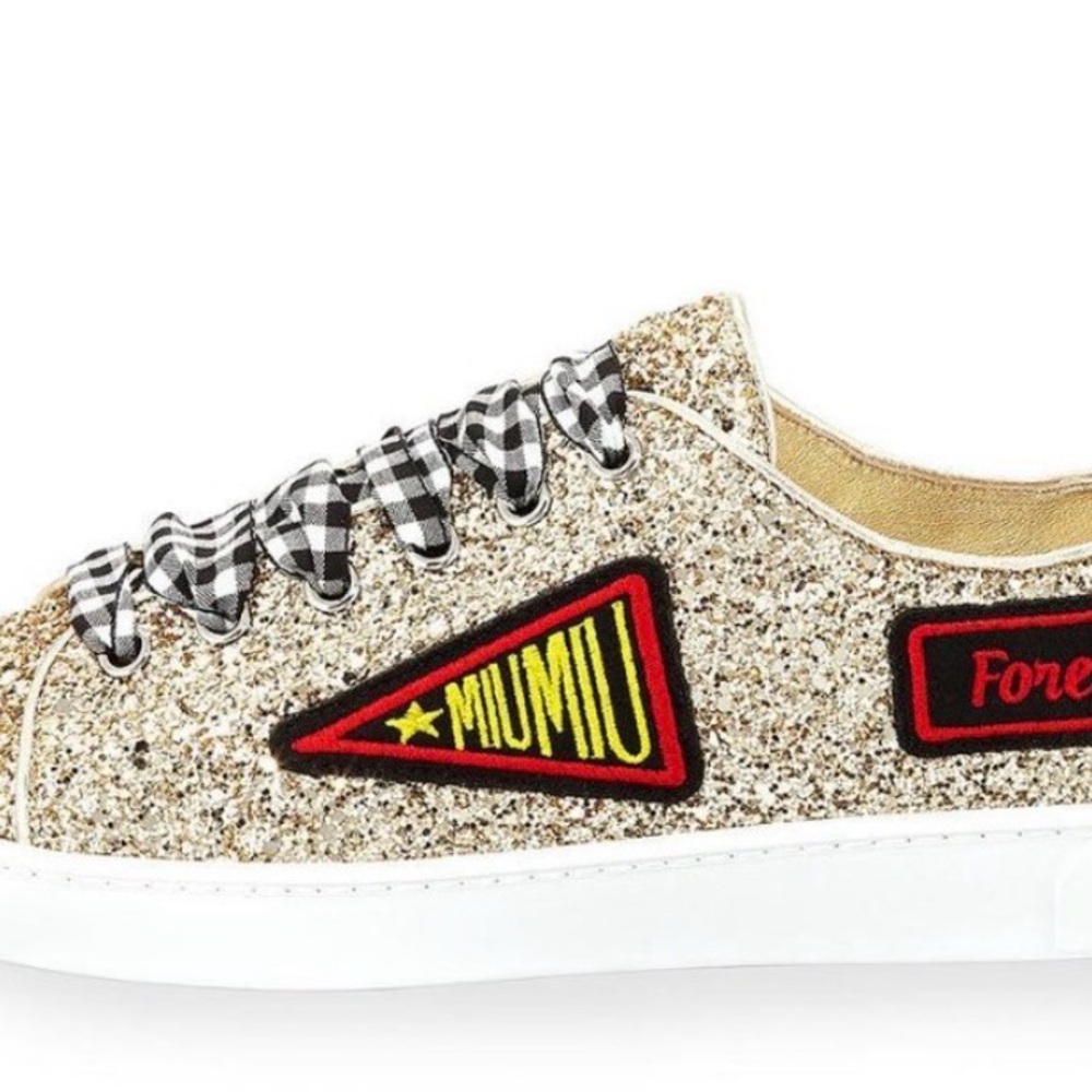 Miu Miu Gold Glitter Low-Top Sneakers with Patch Details